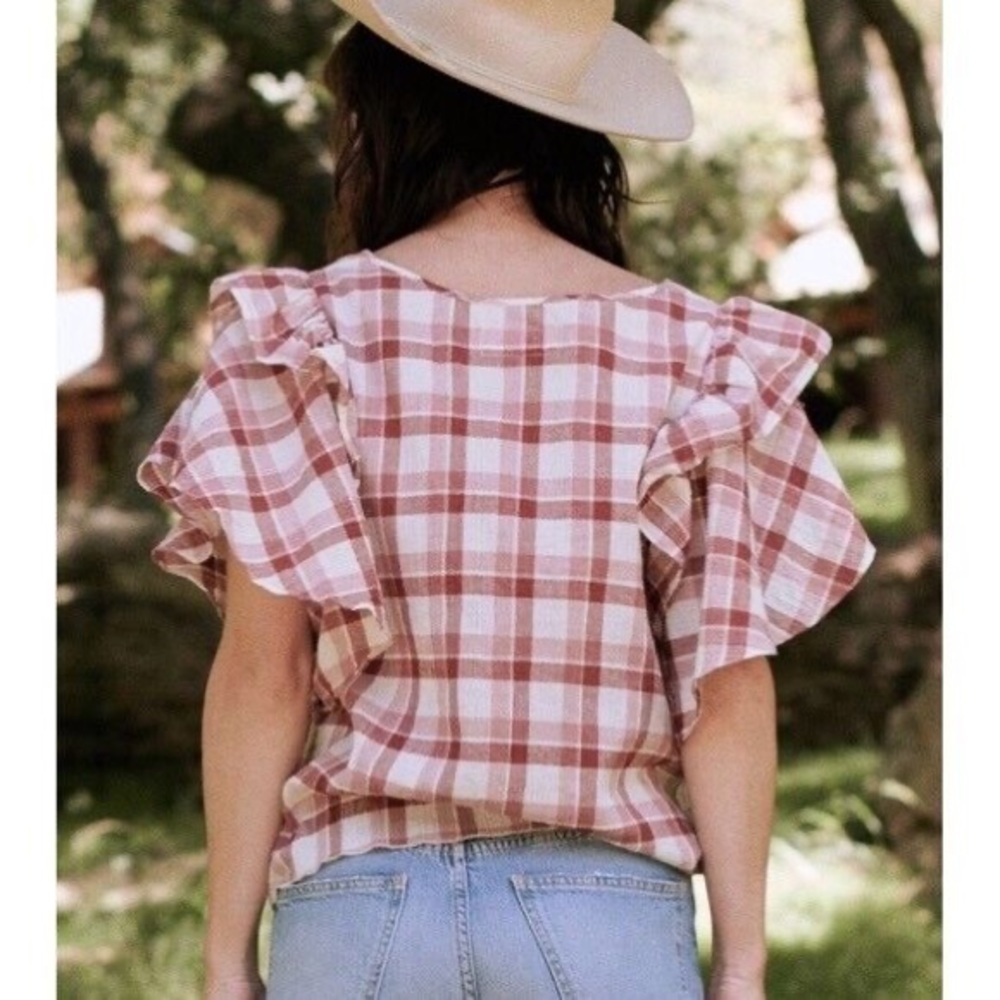 THE GREAT. Whisper Check Cotton Linen brick plaid ruffle sleeve top sz 1 - Picture 3 of 7